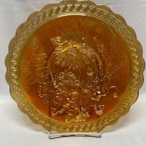 Imperial Carnival Glass Marigold Plate With Sunflower Design & Scalloped Edge